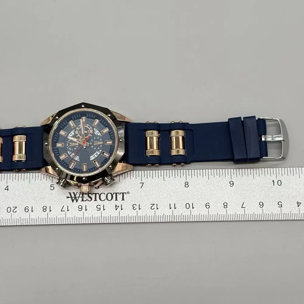 Mens Navy Blue Rose Gold Watch Silicone Strap Industrial Bolled Bezel Sport New